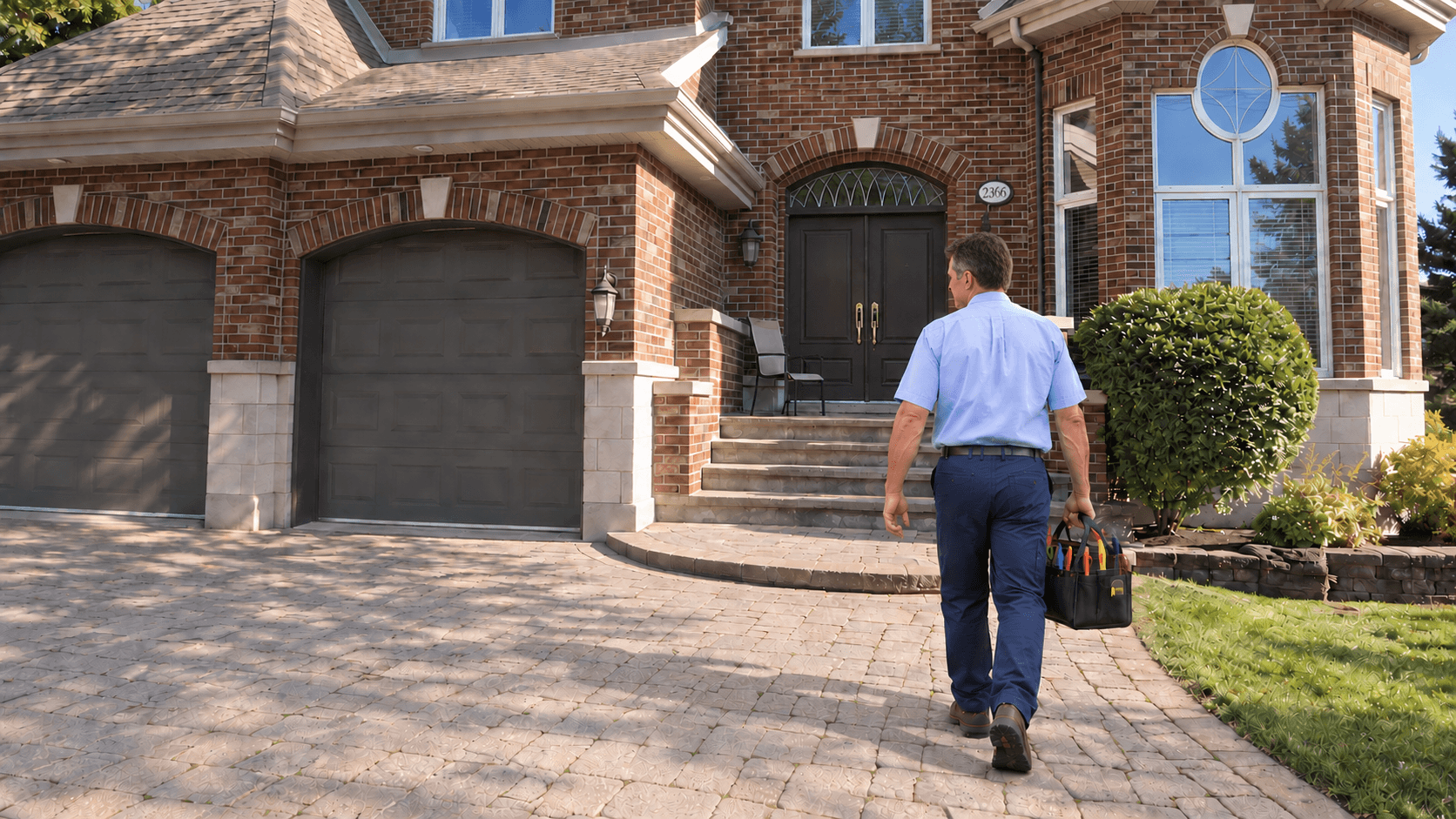 Master electrician approaching a West Island home for residential service